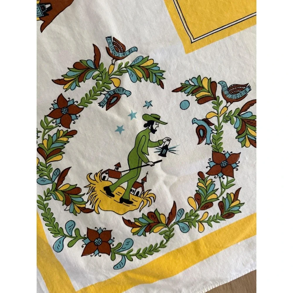 Vintage Folk Art Tablecloth Yellow Dutch Figures Floral Wreath 50x62 Rectangular